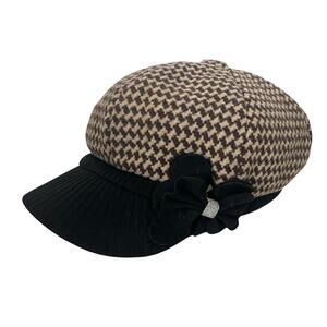 VINTAGE 1990s Y2K HAT CAP WOMENS BROWN HOUNDSTOOTH NEWSBOY WITH FLOWER LINED